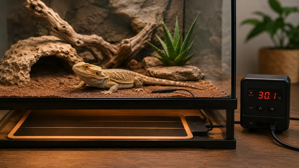 Tapis chauffant terrarium installé sous un habitat pour reptile avec thermostat de contrôle de température