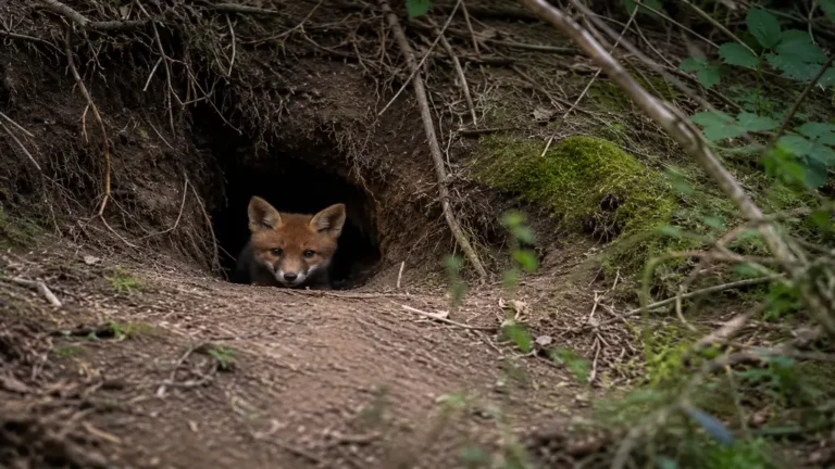 Renardeau observant depuis l’entrée d’un terrier de renard en forêt