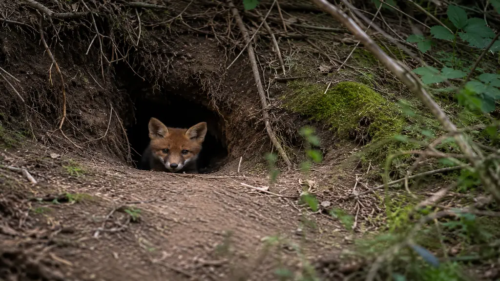 Renardeau observant depuis l’entrée d’un terrier de renard en forêt