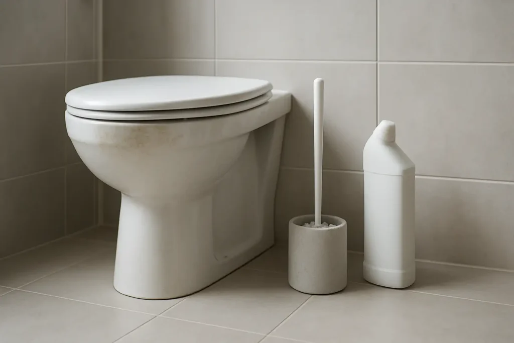 Cuvette de WC à détartrer avec brosse et produit ménager dans une salle de bains