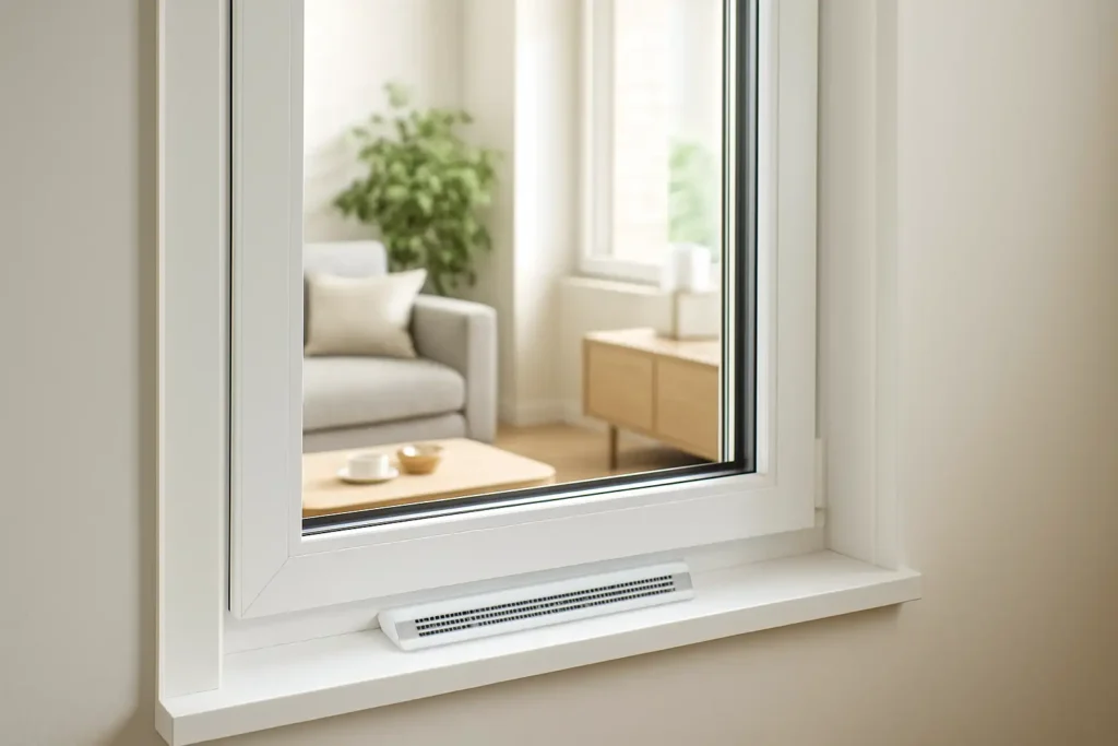 Fenêtre de maison moderne avec un aérateur de fenêtre discret intégré au cadre