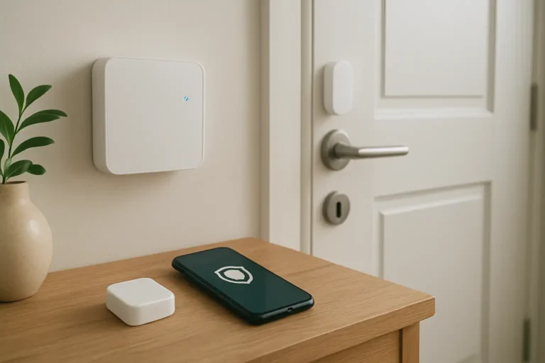 Système d’alarme maison sans abonnement installé près d’une porte d’entrée