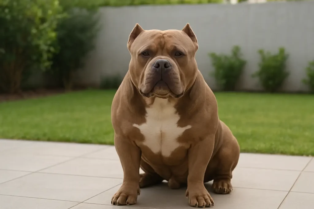 Un AM Bully XL au physique massif assis calmement dans un jardin