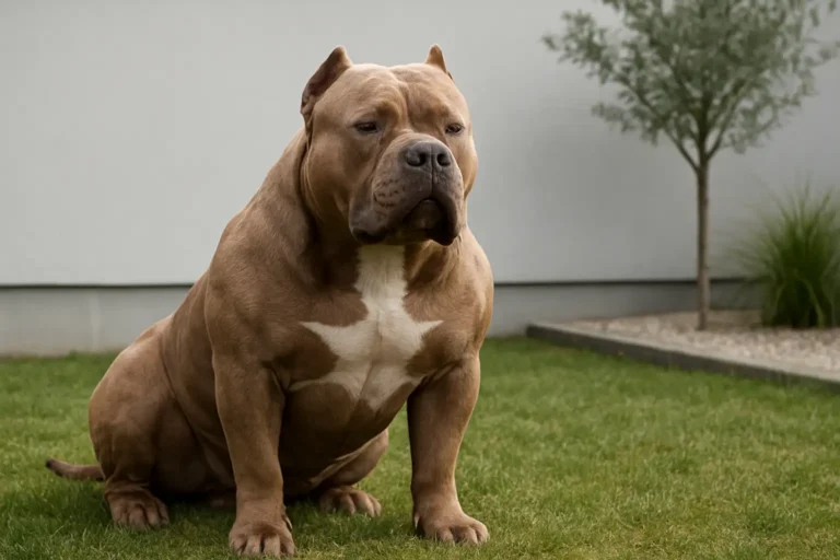 Chien AM Bully XXL de grande taille assis calmement dans un jardin