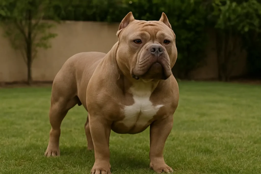 American bully dog XL adulte debout dans un jardin, chien puissant au gabarit massif
