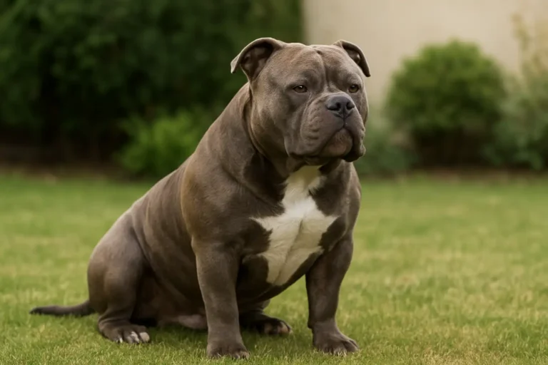 American bully XL adulte assis calmement dans un jardin, chien musclé et robuste