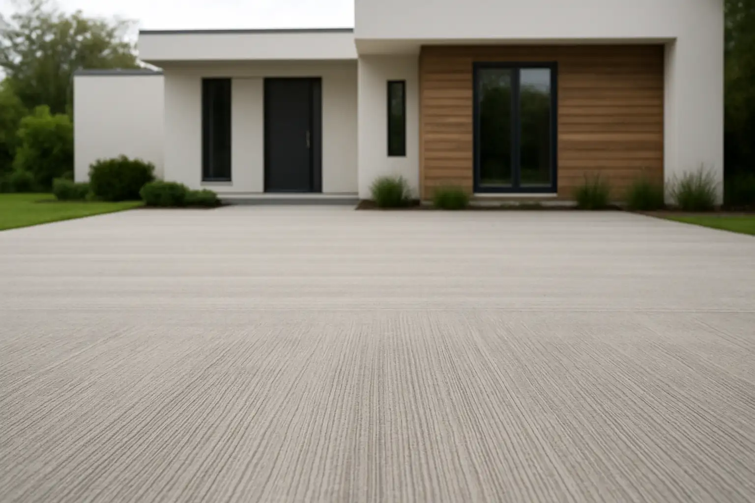 Surface en béton balayé sur une terrasse extérieure avec texture striée