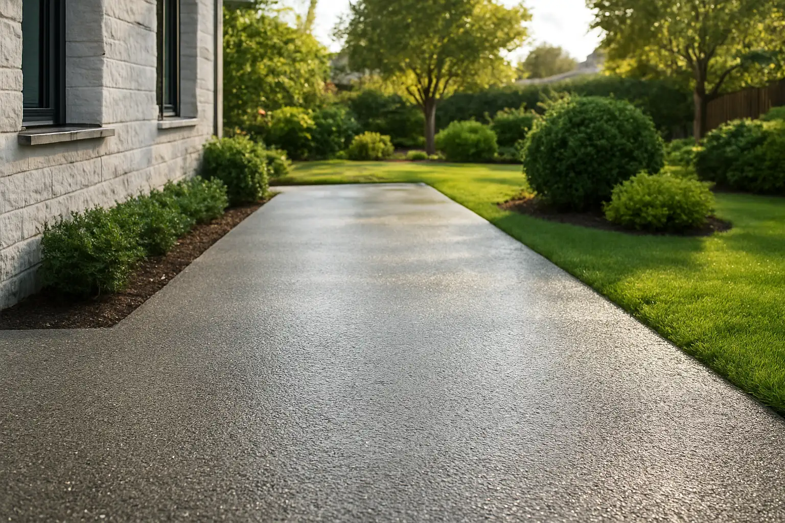 Allée extérieure en béton drainant dans un jardin de maison après la pluie