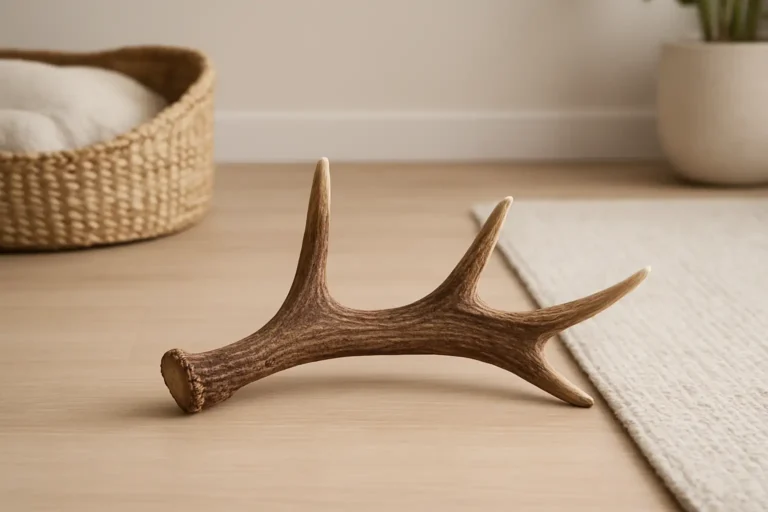 Bois de cerf pour chien posé au sol dans un intérieur moderne