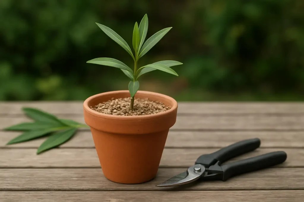 Bouture de laurier rose dans un pot avec substrat léger et sécateur de jardin