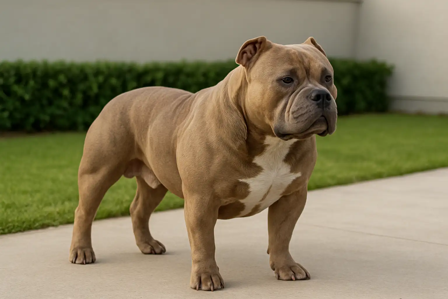 Chien bully XXL au physique musclé et compact dans un cadre extérieur sobre