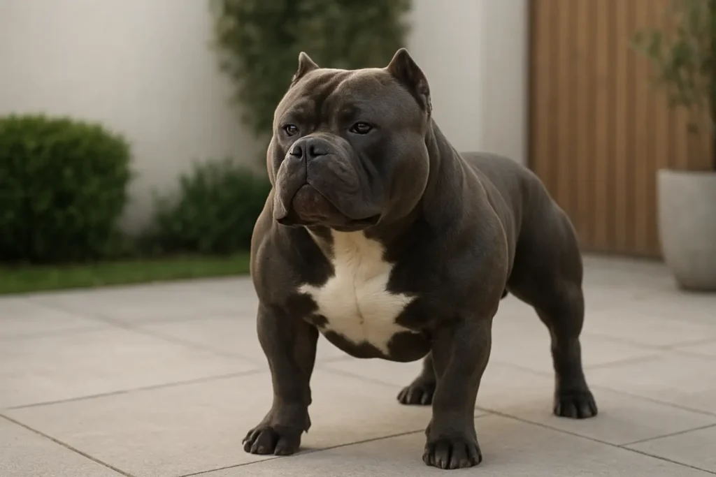 Chien bully XXL de grande taille dans un jardin, avec une silhouette musclée et compacte