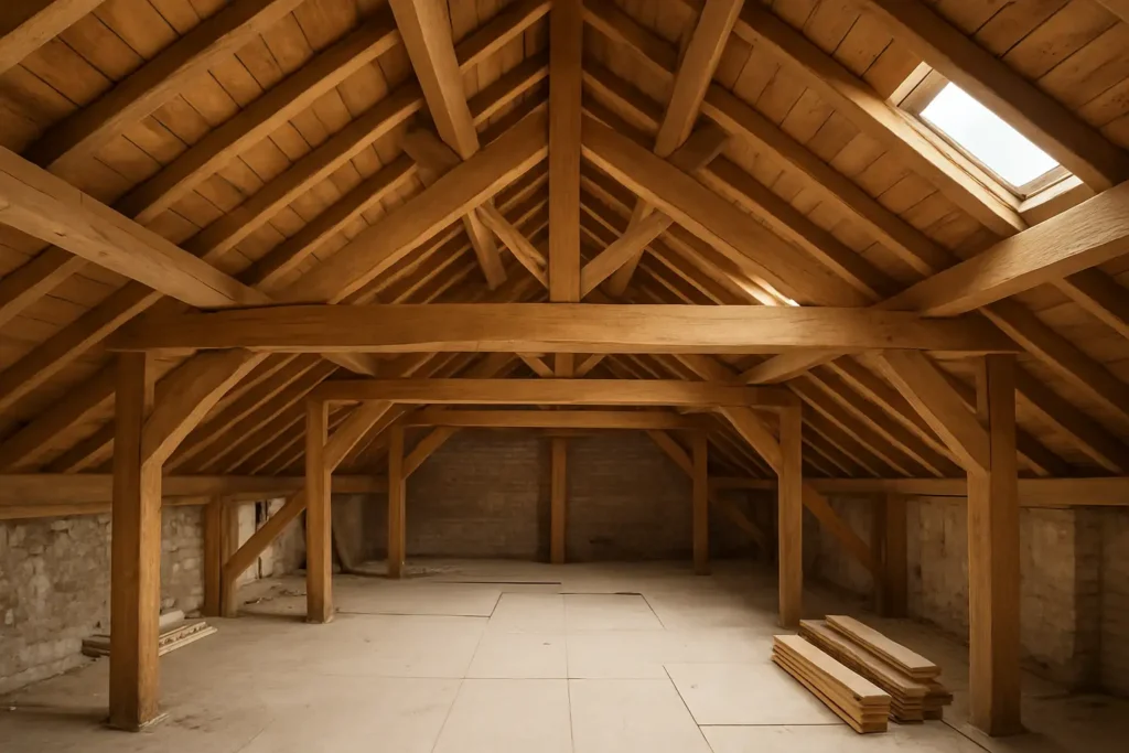 Charpente traditionnelle en bois massif dans une maison en rénovation