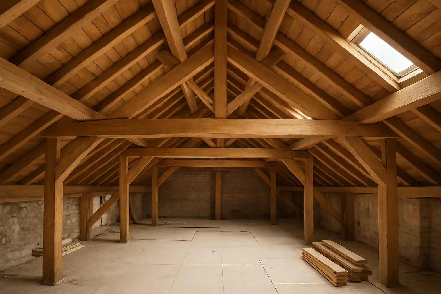 Charpente traditionnelle en bois massif dans une maison en rénovation