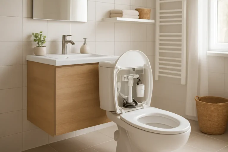Réservoir de WC ouvert montrant une chasse d’eau qui fuit et son mécanisme