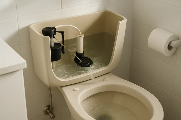 Réservoir de toilettes ouvert avec un mécanisme de chasse d’eau qui coule