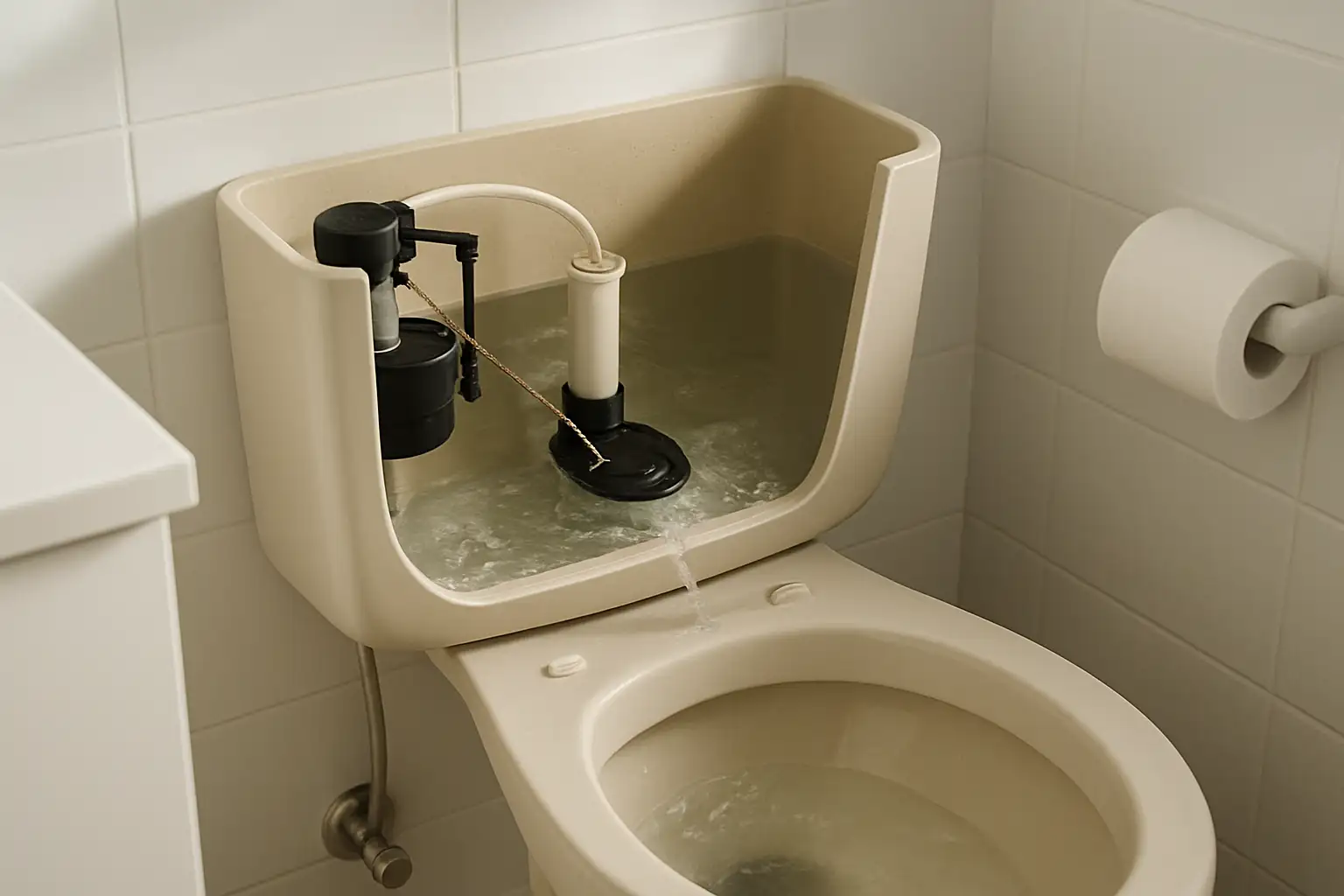 Réservoir de toilettes ouvert avec un mécanisme de chasse d’eau qui coule