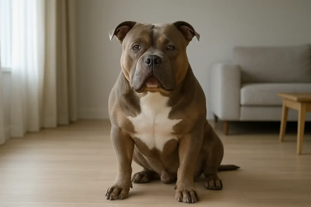 Grand chien American Bully XL assis calmement dans un intérieur moderne
