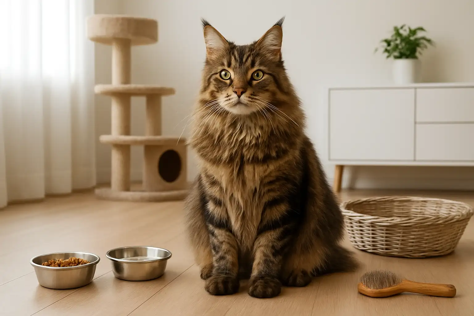 Chat Maine Coon adulte dans un intérieur avec ses accessoires, illustrant le budget et les frais liés à son adoption