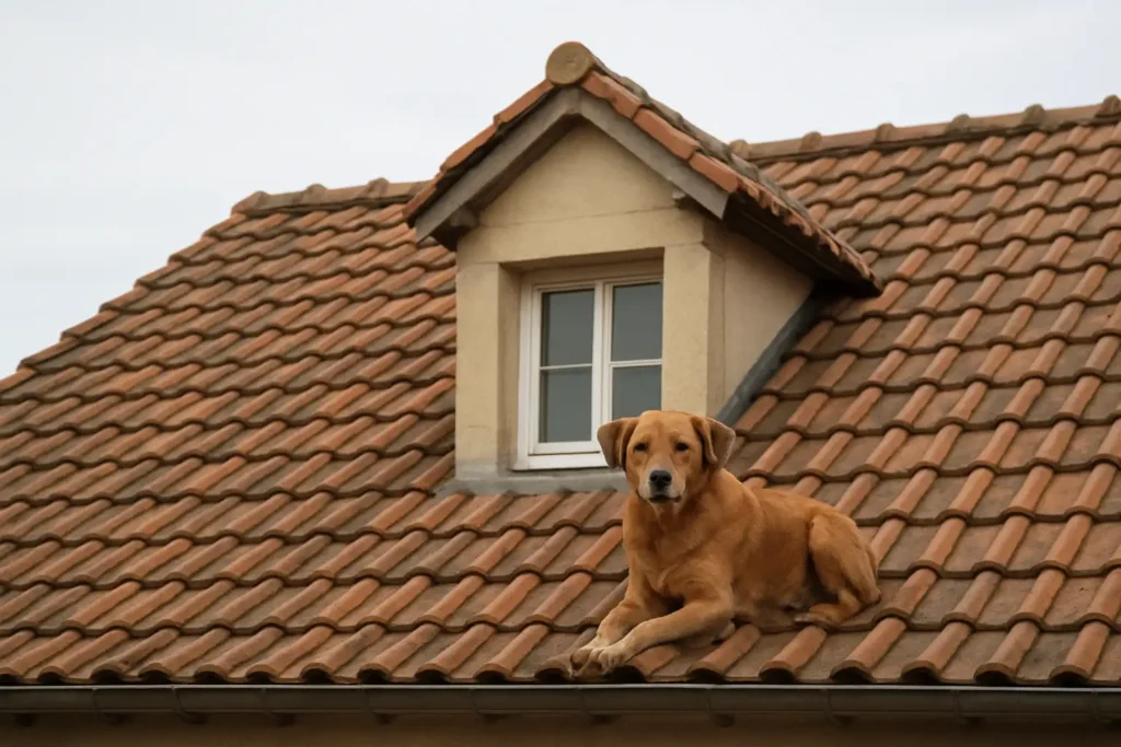 Chien assis toiture sur une maison avec toiture en tuiles