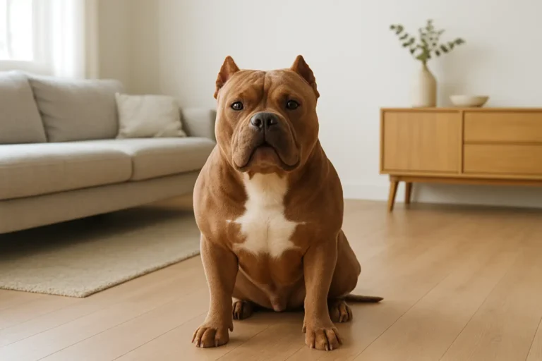 Chien bully adulte dans un intérieur lumineux, montrant sa silhouette musclée et compacte