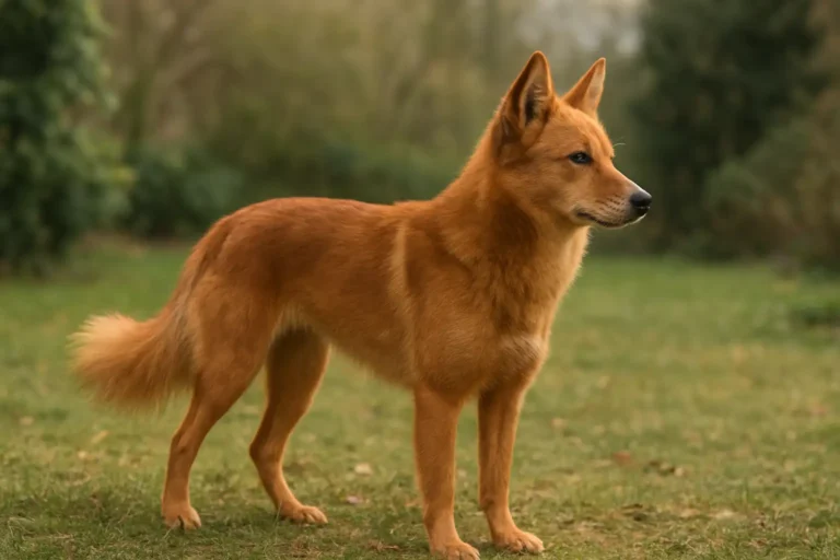 Chien roux à l’allure de renard dans un jardin