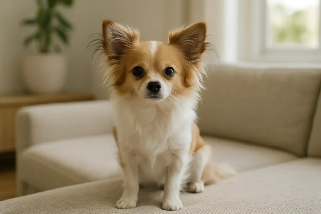 Petit chien chihuahua papillon assis dans un intérieur lumineux
