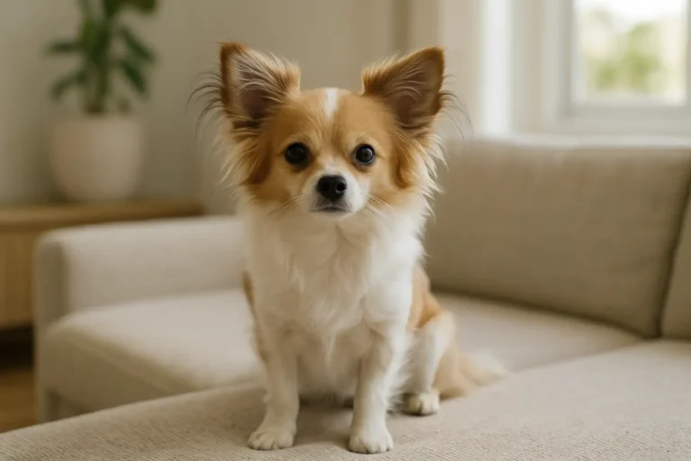 Petit chien chihuahua papillon assis dans un intérieur lumineux