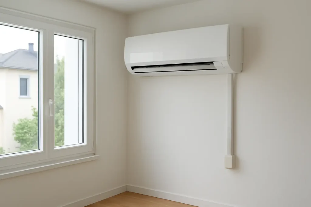 Clim monobloc installée dans une pièce de maison moderne avec évacuation de l’air chaud