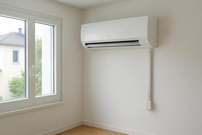 Clim monobloc installée dans une pièce de maison moderne avec évacuation de l’air chaud