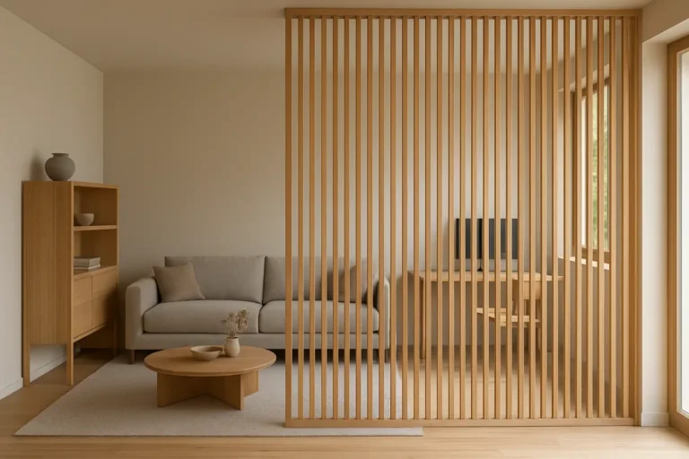 Cloison en bois en tasseaux séparant un salon et un coin bureau dans un intérieur moderne