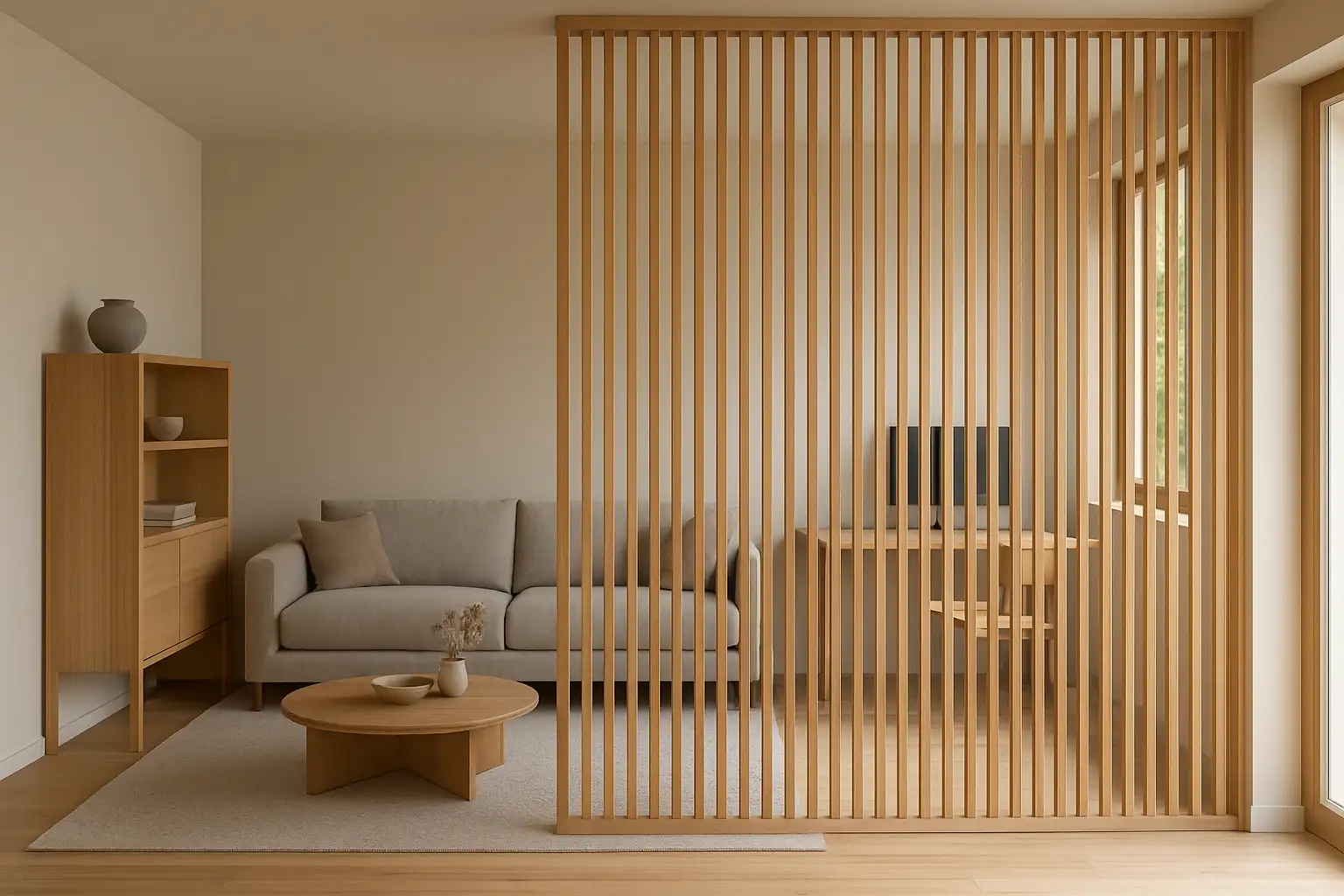 Cloison en bois en tasseaux séparant un salon et un coin bureau dans un intérieur moderne