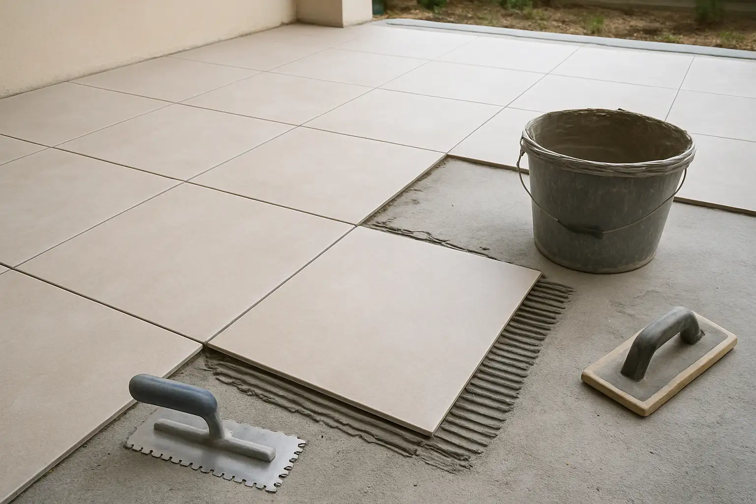 Pose de carrelage extérieur avec colle, truelle crantée et carreaux sur une terrasse en béton