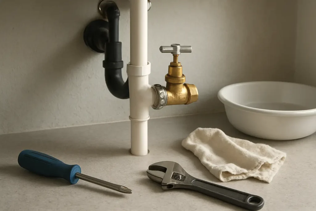 Raccord de plomberie avec un robinet autoperceur à remplacer, outils de bricolage à proximité