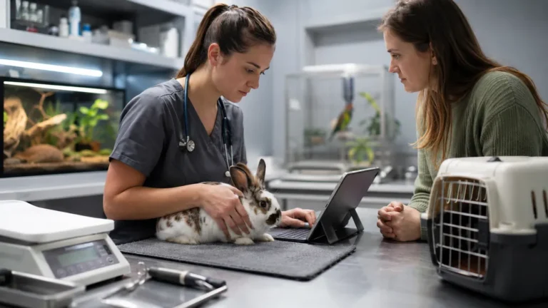 Consultation vétérinaire d’un lapin NAC avec documentation médicale sur tablette en clinique spécialisée.