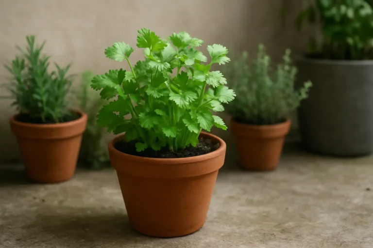 Coriandre vietnamienne cultivée en pot dans un jardin de maison