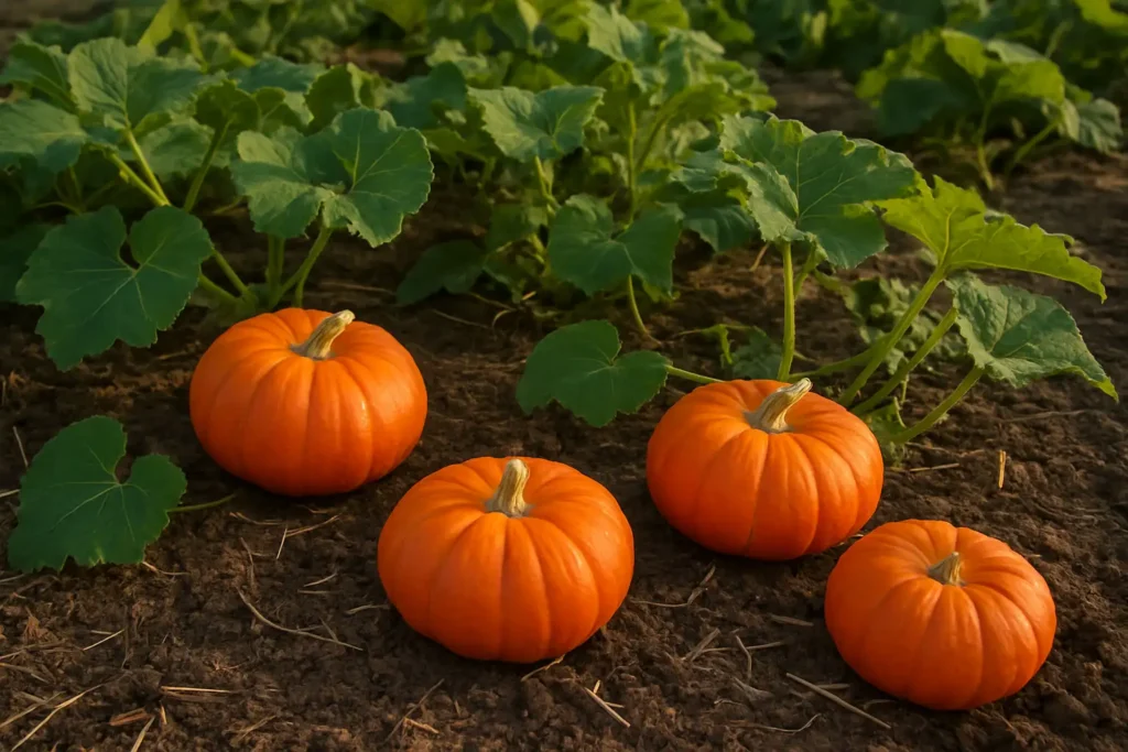 Courge de Nice mûres dans un potager, près des plants et du paillage