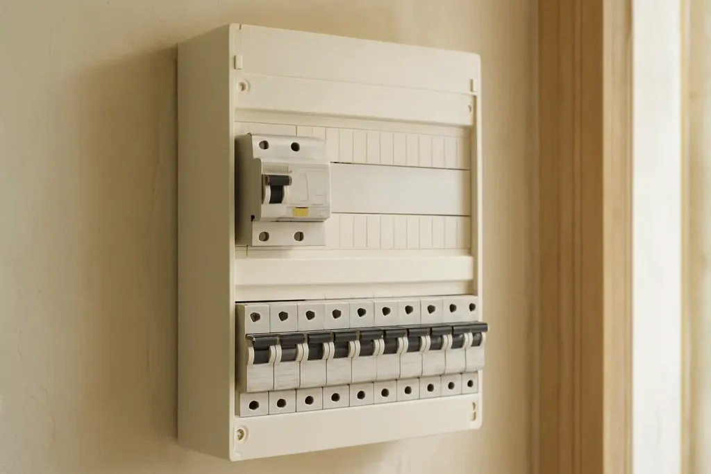 Disjoncteur différentiel visible dans un tableau électrique domestique moderne