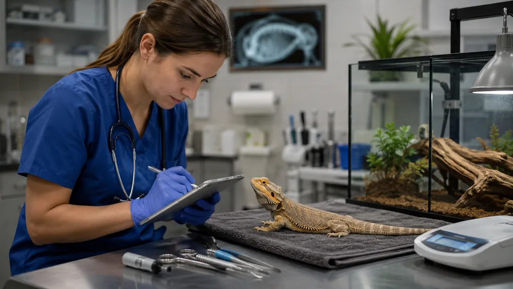 Vétérinaire documentant l’examen d’un reptile NAC dans une clinique spécialisée avec terrarium et matériel médical.