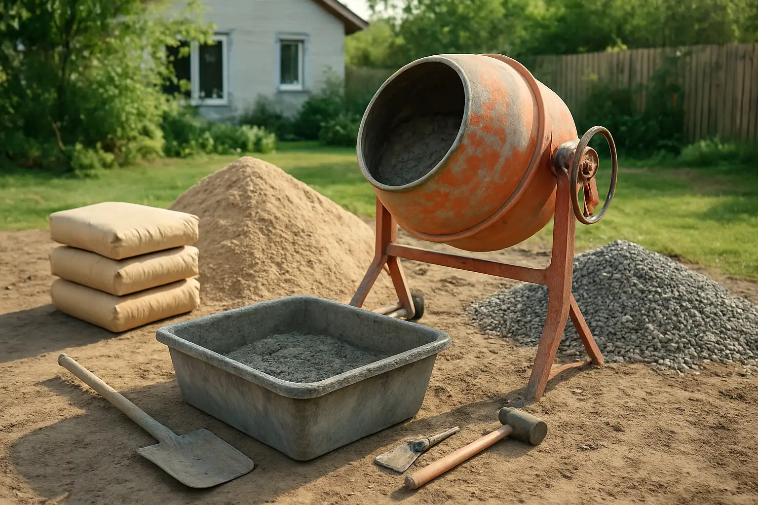 Matériaux et béton frais sur un petit chantier pour illustrer le dosage beton