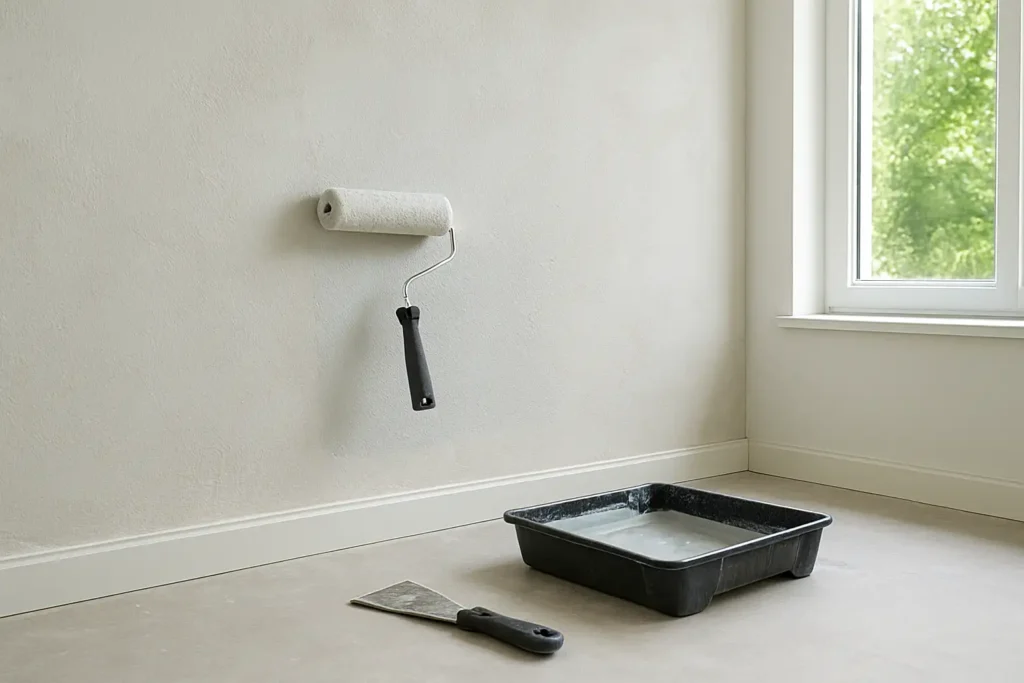 Mur intérieur en cours de préparation avec enduit au rouleau dans une pièce de maison