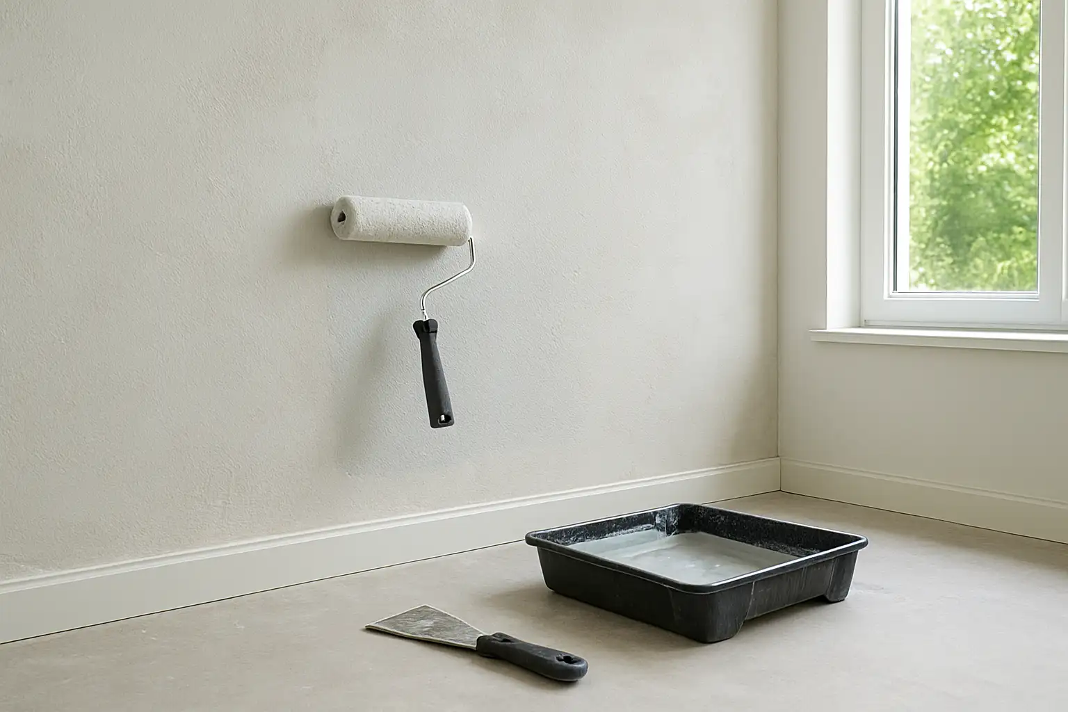 Mur intérieur en cours de préparation avec enduit au rouleau dans une pièce de maison