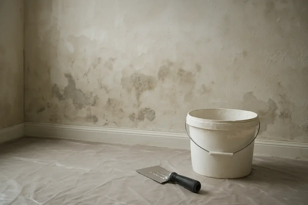 Mur intérieur humide avec matériel d’enduit prêt pour des travaux de rénovation