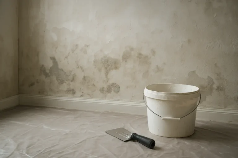 Mur intérieur humide avec matériel d’enduit prêt pour des travaux de rénovation