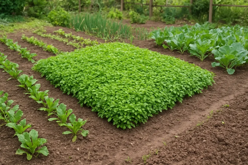 Parcelle de potager couverte par un engrais vert vert et dense