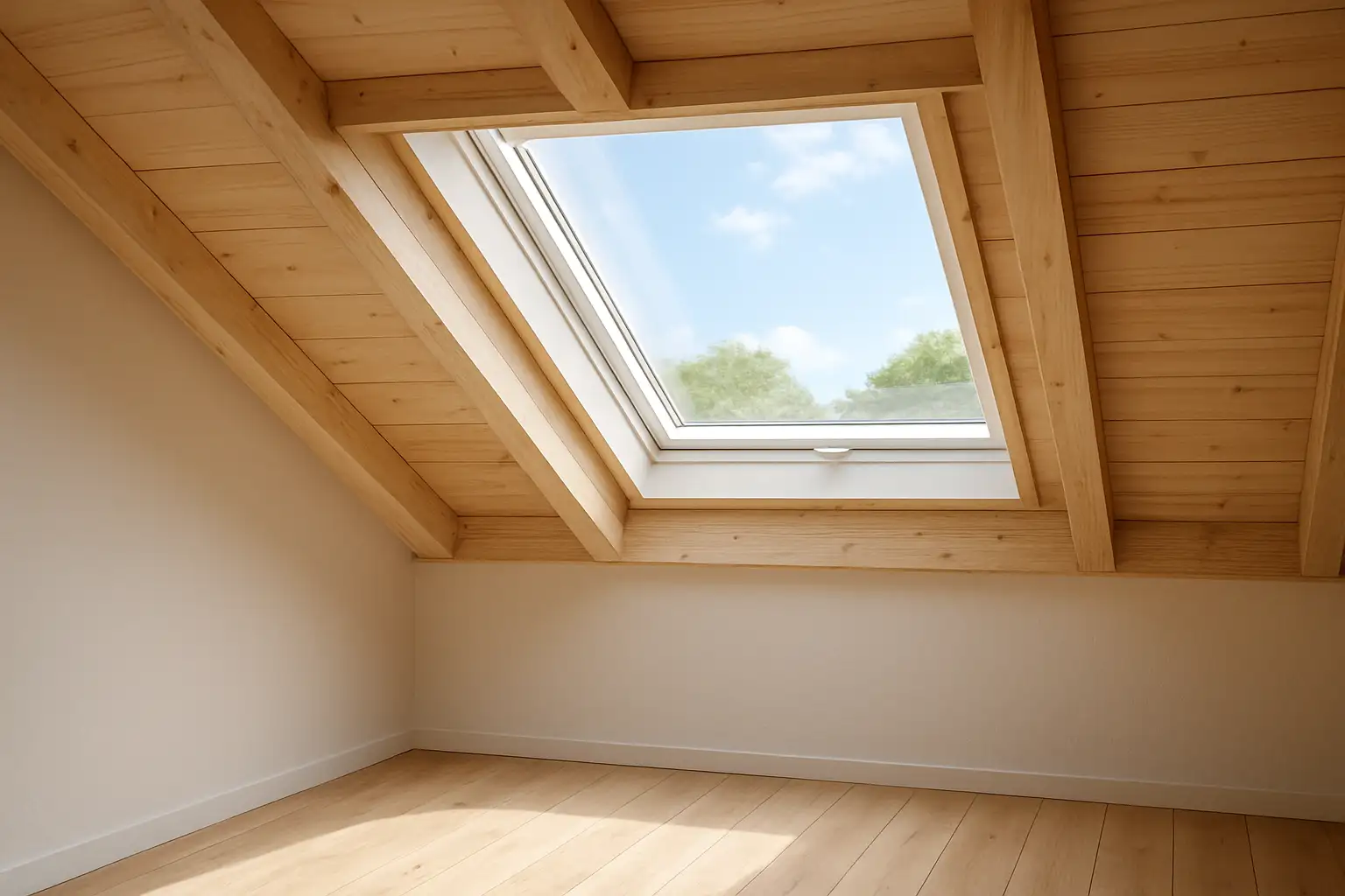Fenêtre de toit moderne installée dans des combles lumineux d’une maison
