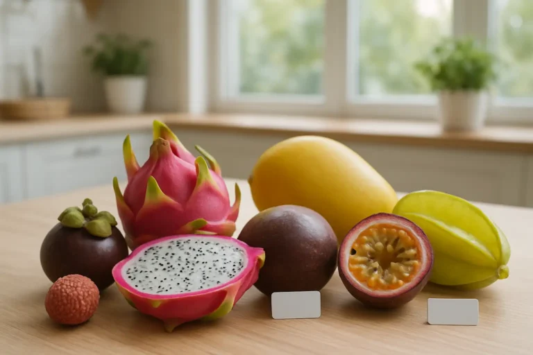 Composition réaliste de fruits exotiques rares associée aux fruits en q, posée sur une table en bois dans une ambiance lumineuse.
