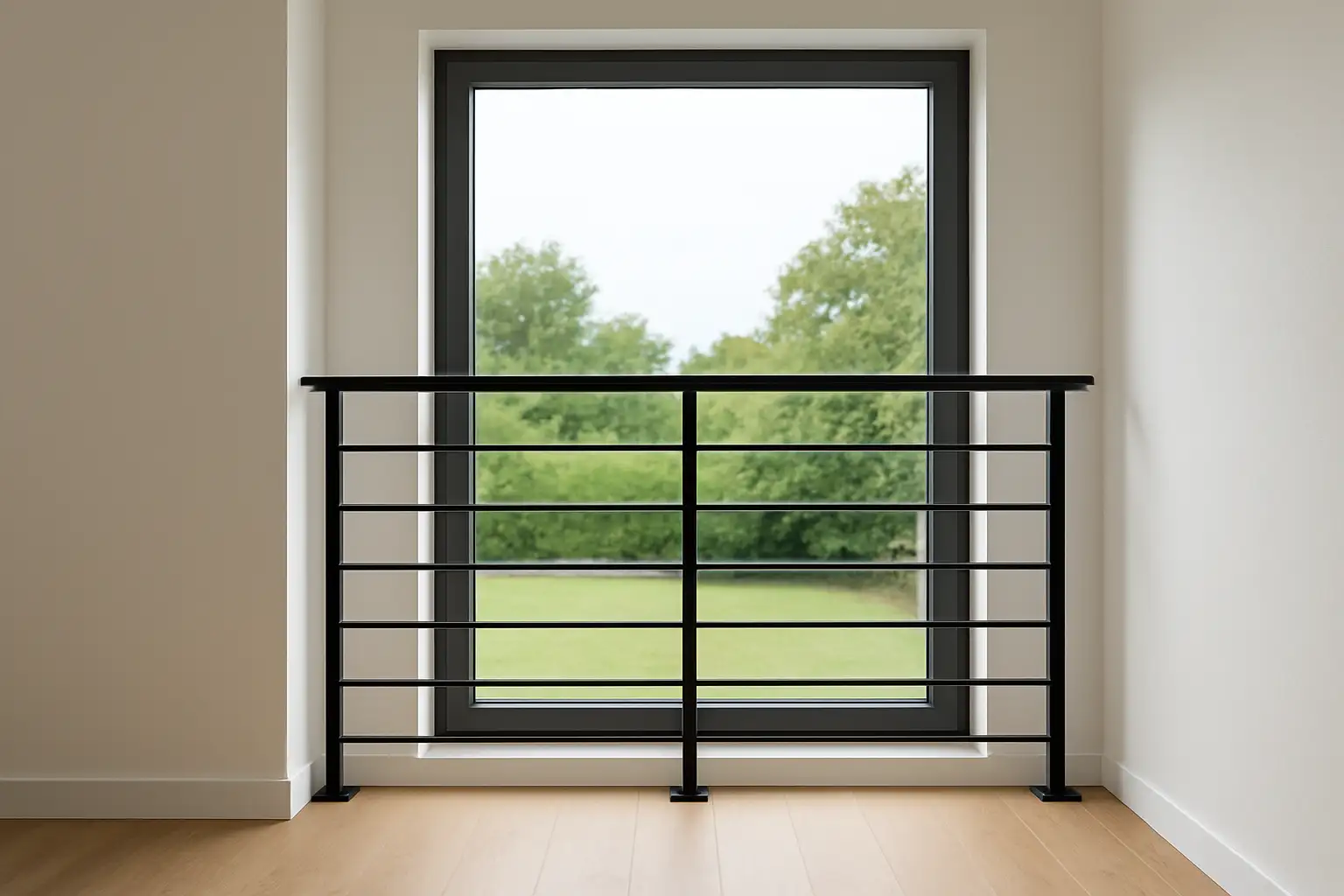 Garde corps fenêtre moderne installé devant une fenêtre en étage dans une maison lumineuse