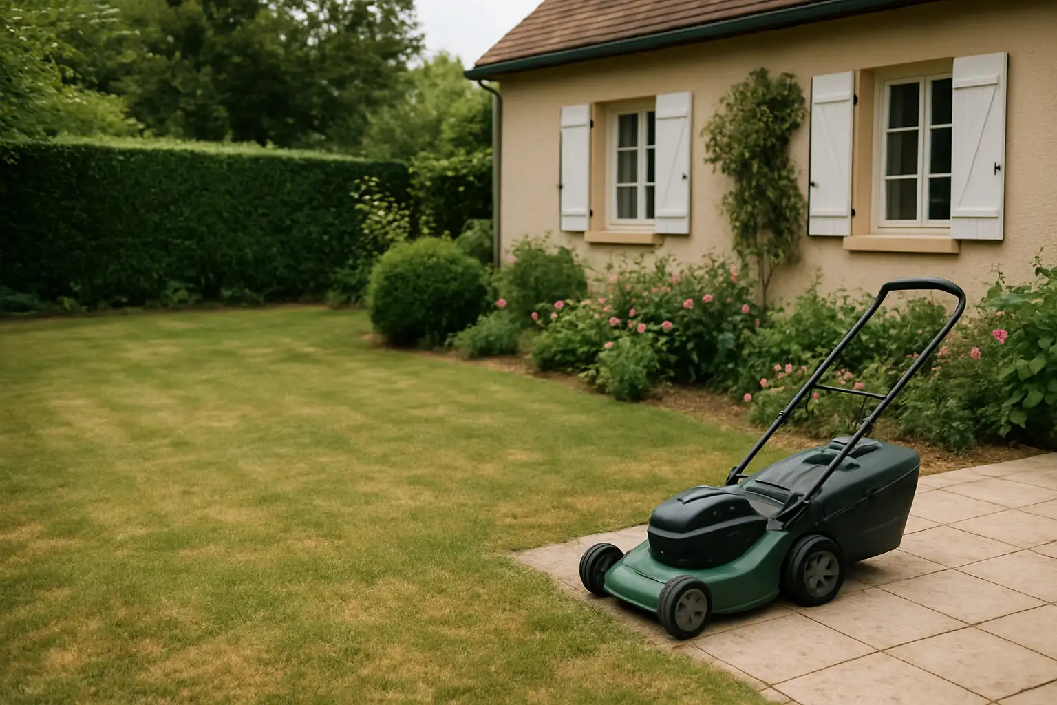 Pelouse de gazon anglais avec zones sèches dans un jardin de maison
