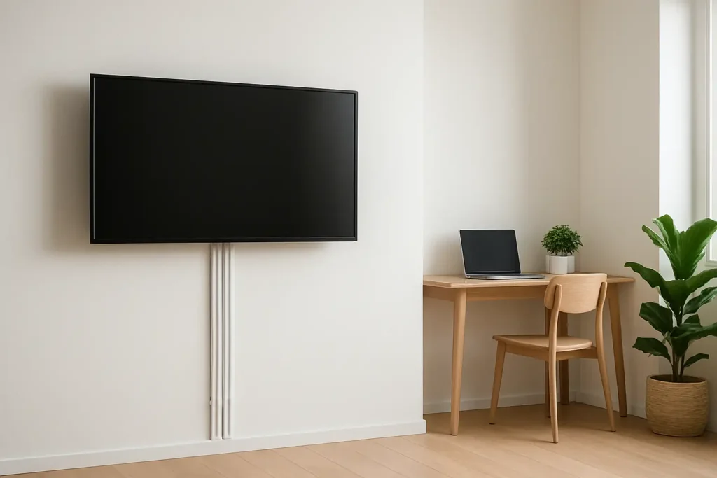 Goulotte de câblage discrètement installée le long d’un mur intérieur